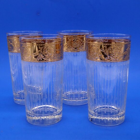 Other - Set Of 4 Culver Tyrol 22K Gold Highball Tumbler Etched Glasses Vtg 60's MCM